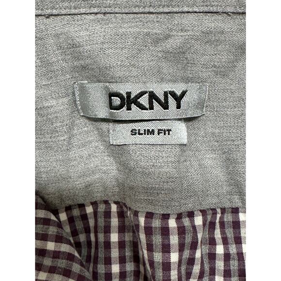 DKNY Shirt Mens 18 Slim Fit Gray Burgundy Check Plaid Button Up 100% Cotton Work - Picture 3 of 9